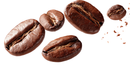 Roasted coffee beans scattered in mid-air against a dark background, highlighting their rich brown color and texture