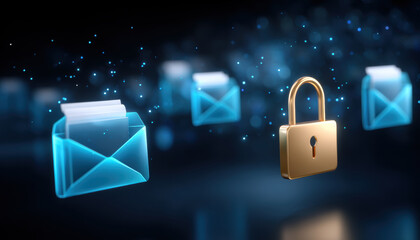 Secure email concept with glowing envelope icons and golden padlock protecting message privacy in futuristic digital network