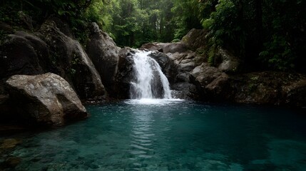 Fototapeta premium A secluded jungle waterfall cascades into a clear turquoise pool surrounded by lush vegetation and rocks