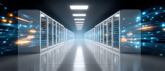 High tech server room corridor with glowing data streams and racks reflecting polished floor, futuristic secure network environment inspiring