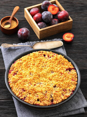 Crumb topped Plum Pie in a baking dish