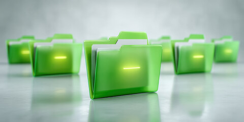 Green folder icon with glowing status light on reflective surface conveying organized digital file management and efficiency