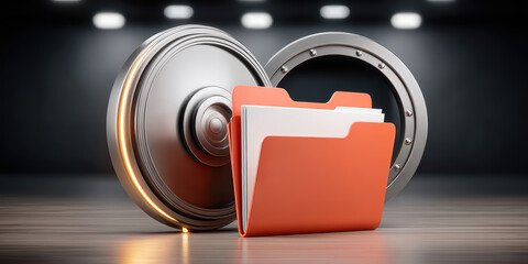 Secure orange folder with documents placed before open metal vault door conveying data protection and trusted storage