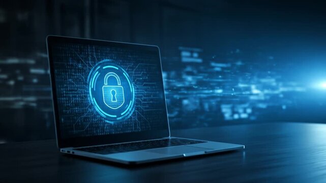 A laptop rests on a dark desk, glowing with a blue cyber shield displayed on screen. in a blue glow