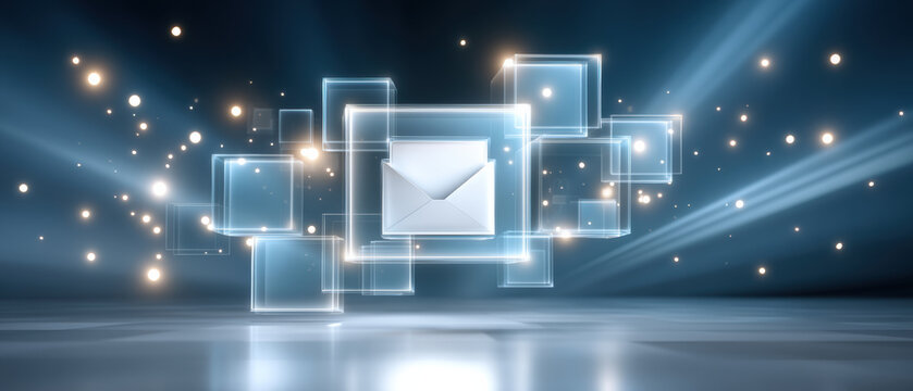 Envelope icon digital message communication network glowing futuristic interface, glowing squares and particles convey connectivity and speed
