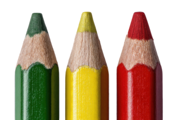 Close-up of three colored pencils, green, yellow, and red, tips foremost