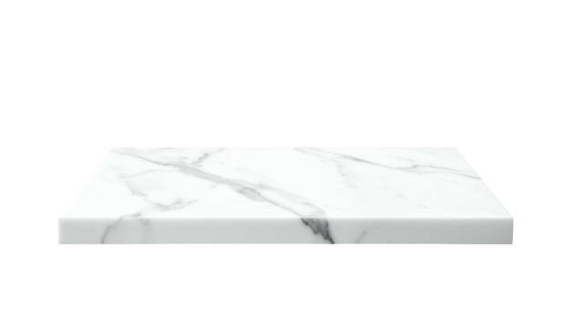 Floating angled rectangular slab, white marble-like texture with gray veining