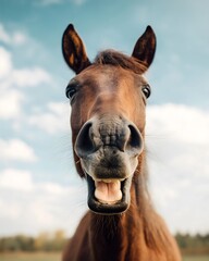 Fototapeta premium Close-up of a horse with a comical expression and open mouth outdoors under blue sky. Ideal for humor content, animal-themed prints, or farm life visuals.