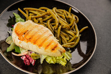 Chicken breast and green beans grilled chicken meat natural product tasty snack fresh delicious gourmet food background on the table rustic top view copy space keto and paleo diet