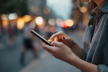 Close-up of hands typing on a mobile phone, interact with technology. People use smartphone. Girl holding and using a phone, blurred city background. Point finger touch the device screen. Online wi-fi