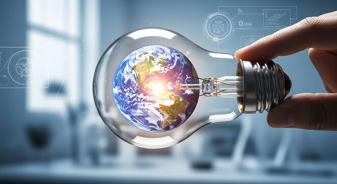 Hand holding a light bulb containing the earth symbolizing global innovation sustainable energy and bright ideas for a better future