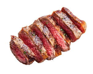 Sliced steak, medium-rare, seasoned, and ready to eat.  A top view of several slices of steak, showcasing a slightly pink interior with browned edges.  Seasoning is visible on the surface