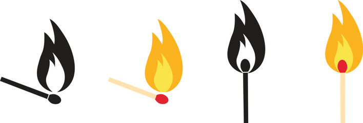 Burning Matchstick and Flame Icons Set - Fire, Ignition, Idea, and Danger Symbol Vector