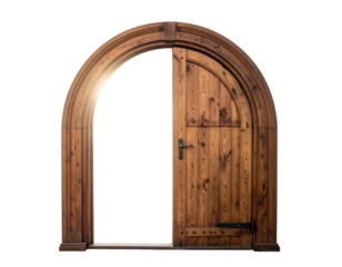 Old wooden arched doorway with an open door against a black background