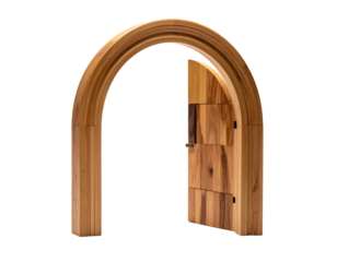 Unfinished wooden arched doorway frame with a partially attached door on a black background