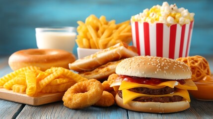 Diners are gathered around a wooden table filled with appealing fast food items, including burgers, fries, popcorn, and desserts, creating a lively atmosphere filled with laughter