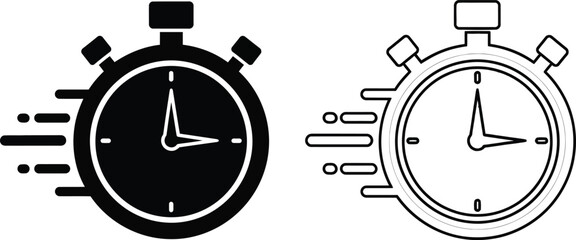 Stopwatch Icon Set, Fast Time Symbol, Deadline Concept, Black and White, Running Timer