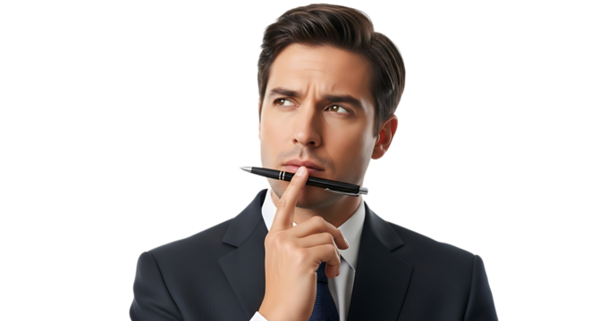 Man in suit holding pen to chin, isolated on transparent background