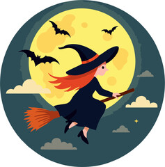 Cute Witch Flying on Broomstick in Front of Full Moon with Bats and Clouds – Halloween Cartoon Vector © Gian