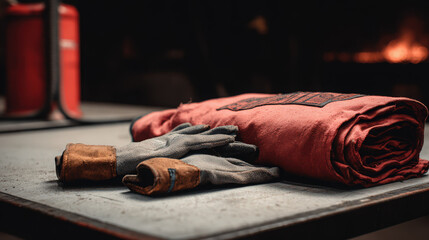 welding gloves and fire blanket on table for hot work prep