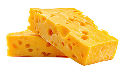Two slices of cheese, golden yellow, with holes
