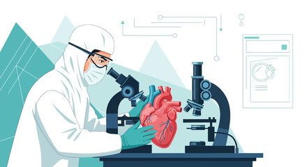 Illustration of medical researcher analyzing a human heart using a microscope in a lab setting