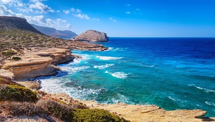 gavdos island greece rocky coastline with sparse vegetation and sea waves blue sky summer sunny day