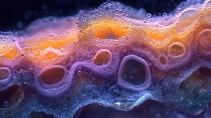 Close-up macro image of colorful liquid bubbles with vibrant purple and orange hues forming organic, abstract patterns and textures.