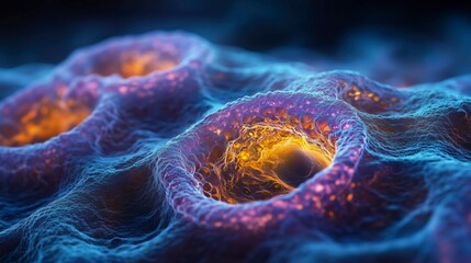 Close-up digital illustration of a cellular structure showing detailed molecular and membrane textures with glowing, vibrant colors.