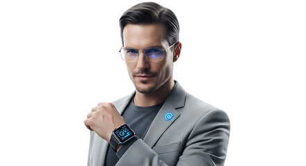 Man wearing glasses and smartwatch isolated on transparent background
