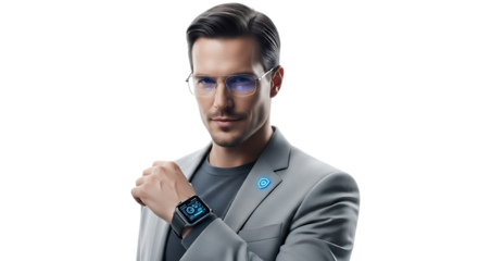 Man wearing glasses and smartwatch isolated on transparent background