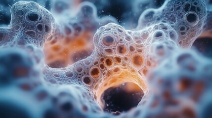 Close-up digital illustration of porous, organic-like structures with a cellular, microscopic appearance in blue and orange hues.