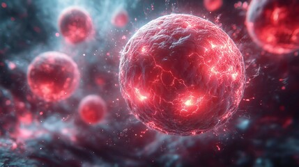 Close-up digital illustration showing glowing red biological cells with electric-like effects in a microscopic environment.