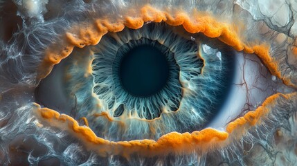 A surreal close-up of a blue eye with intricate iris details surrounded by fiery orange textures and smoky gray elements, creating a striking contrast.