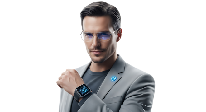 Man wearing glasses and smartwatch isolated on transparent background