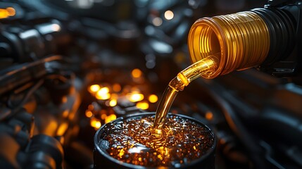 Pouring golden engine oil into a car motor during maintenance and repair for vehicle lubrication system