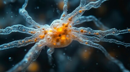 A detailed 3D illustration of a neuron with dendrites and synapses, featuring bright orange synaptic nodes against a dark, blurred background.