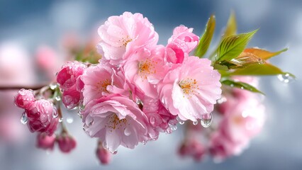 Pink cherry blossoms on a branch with fresh green leaves, glistening with clear water drops after springtime rain, representing renewal, growth, and natural beauty