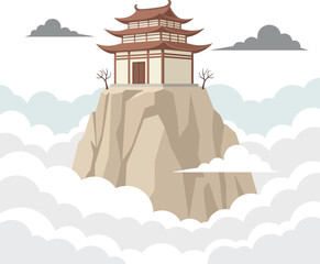 Traditional Asian temple on a high mountain summit above the clouds. Serene Chinese pagoda landmark. Spiritual zen monastery on a rocky peak for meditation.