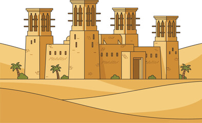 Traditional Arabic architecture with windtowers (barjeel) in a desert landscape. Old Dubai heritage building in the sand dunes. Middle Eastern tourism concept.