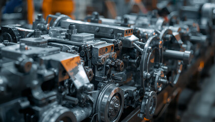Fototapeta premium Close-up of industrial machinery with gears, wheels, and mechanical components