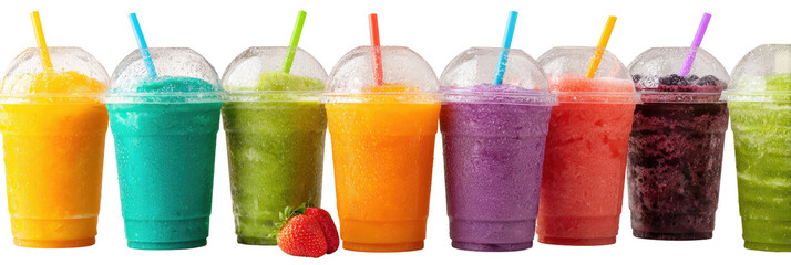 Row of colorful frozen drinks in clear plastic cups with lids and straws