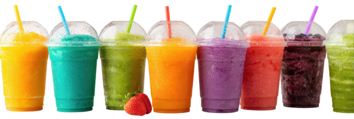 Row of colorful frozen drinks in clear plastic cups with lids and straws