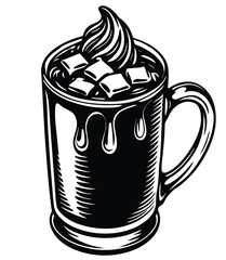 Delicious hot chocolate in a mug with whipped cream and marshmallows, a warm and comforting beverage perfect for cold weather and holiday celebrations, ideal for cafes, bakeries, and recipe books