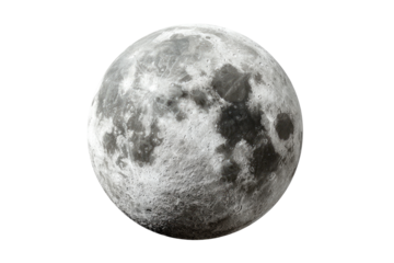 Full moon, grayscale image.  Detailed view of lunar surface.  Distinct craters and textures.  Circular, isolated on black