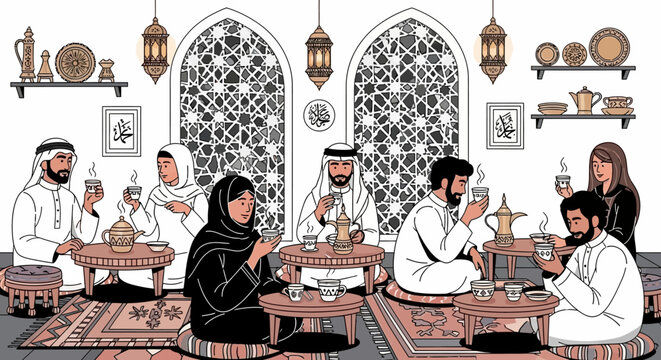 An illustration of an Arab family and friends gathering in a traditional majlis, sharing Arabic coffee and conversation in a hospitable setting.