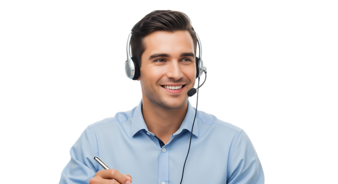 Smiling man wearing headset and holding pen isolated on transparent background