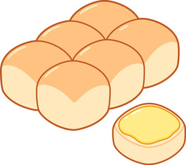 Cute cartoon drawing of dinner rolls, halved and buttered bread. Vector clip art illustration.