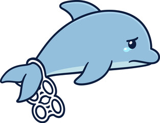 Sad cartoon dolphin stuck in plastic garbage. Ocean pollution and ecology illustration, vector clipart drawing.