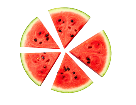 Freshly sliced watermelon pieces arranged in a circle on a black background